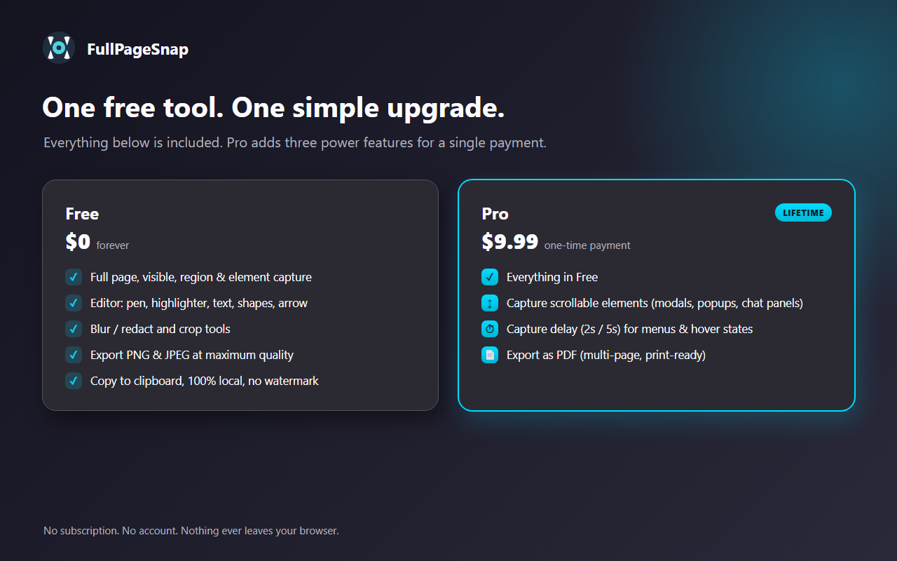 FullPageSnap Free versus Pro comparison