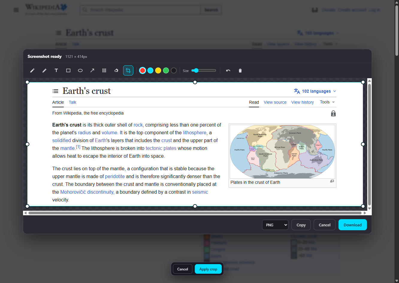 FullPageSnap editor showing a captured Wikipedia page with the annotation toolbar and crop handles